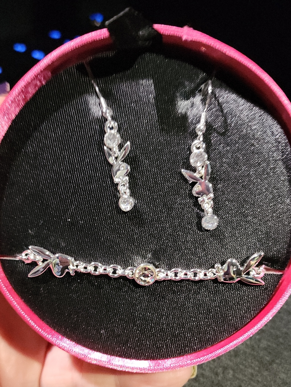 Silver Crystal Playboy Drop Earrings and Chain Bracelet Set - Pink Box